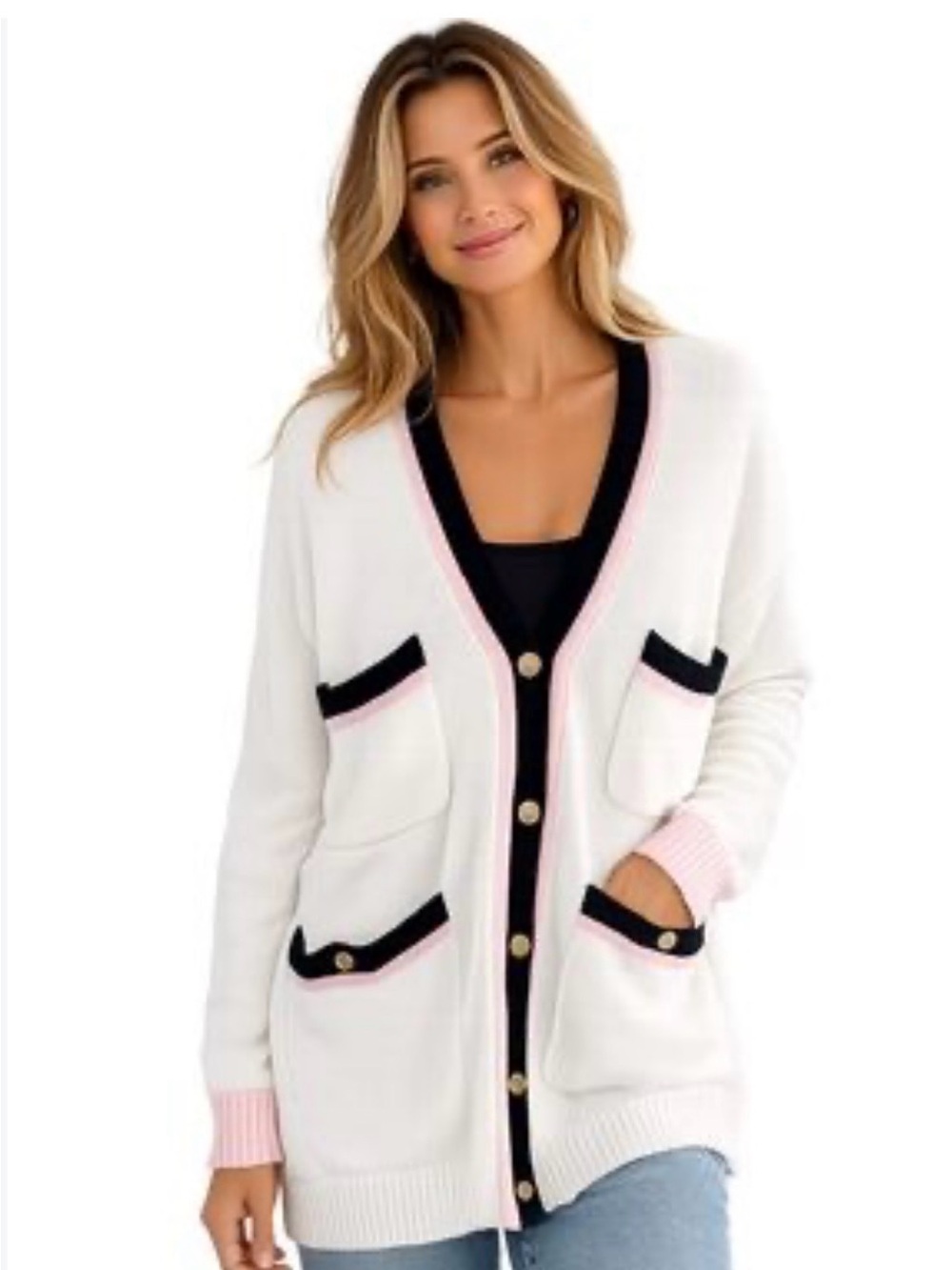 Kerri Rosenthal Cardigan Sweater with Black & Pink Trim